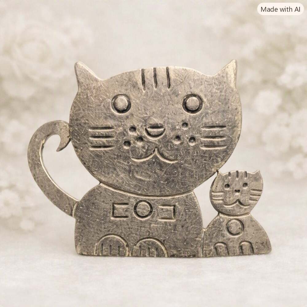 925 Sterling Silver Cat Brooch Dual Cat Design Vintage Silver Pin 1.75 Inch Wide